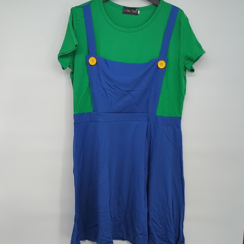 New Women Costume Luigi Green and Blue Dress with Yellow Buttons Plus Size XXL